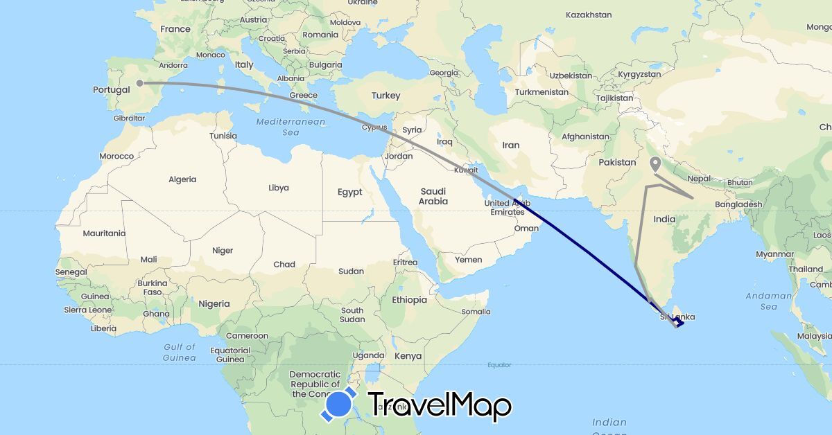 TravelMap itinerary: driving, plane in United Arab Emirates, Spain, India, Sri Lanka (Asia, Europe)